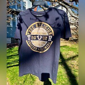 NWOT Mens True Religion T-shirt Double Puff Crew navy gold Buddha Brand 2002 y2k
